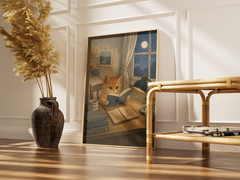 Whimsical Orange Cat Reading Book Poster Cottagecore Room Decor Cute Art Print