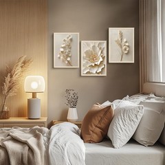3 Pcs Neutral Beige Botanical Wall art White Florals Wall Decor Cream Neutral…