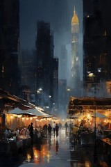Dark City Night Market Dystopian Cyberpunk Future Painting Print Canvas Wall Art