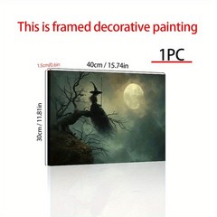Witch On Dead Tree Full Moon Framed Canvas, Dark Gothic Halloween Spooky Wall