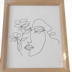 Greenbrier Framed Abstract Face with Flowers Line Art Print, Black White Beige