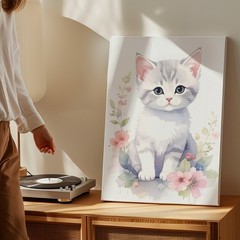Watercolor Kitten & Floral Wreath Canvas Soft Pastel Feline Art Some Moments
