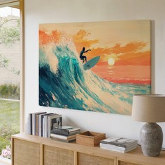 Surfer Riding Ocean Wave at Sunset Beach Canvas Wall Art Modern Coastal Print