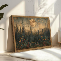 Vintage Nature Forest Wall Art Dark Moon Landscape Painting Wall Decor Woodland