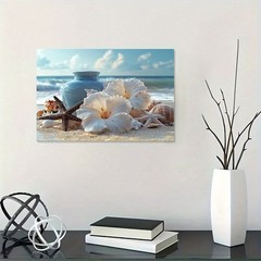 White Hibiscus Starfish Vase Beach Framed Canvas, Soft Light Coastal Tropical