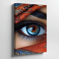 Close Up Blue Eye With Orange Patterned Fabric Abstract Canvas Wall Art Print