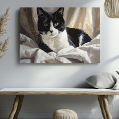 Tuxedo Cat In Bed Canvas Cozy Realistic Feline Rest Art Stillness Speaks Wall