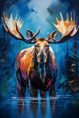 Colorful Moose Oil Painting Print Canvas Wall Art Wildlife Animals Lodge Decor