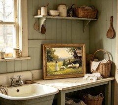 Gold Framed Vintage Countryside Canvas Wall Art, Rustic Girl with Sheep Paint…