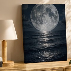 Full Moon Ocean Night Sky Canvas Wall Art Large Lunar Landscape Wall Decor Print