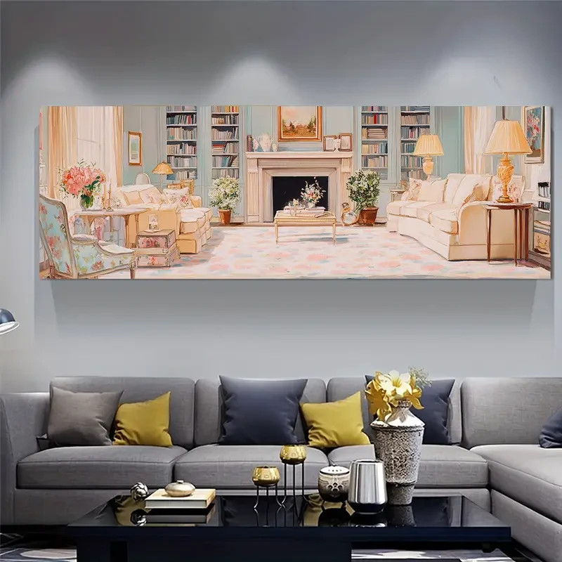 Panoramic Elegant Living Room Gouach Painting Canvas Wall Art Home Décor Picture