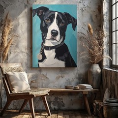 Wall Art Canvas a Painting of a Black and White Dog Set Against a Bright
