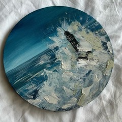 Original Storm Lighthouse Acrylic Painting Canvas 10×10 Signed Blue Wall Art