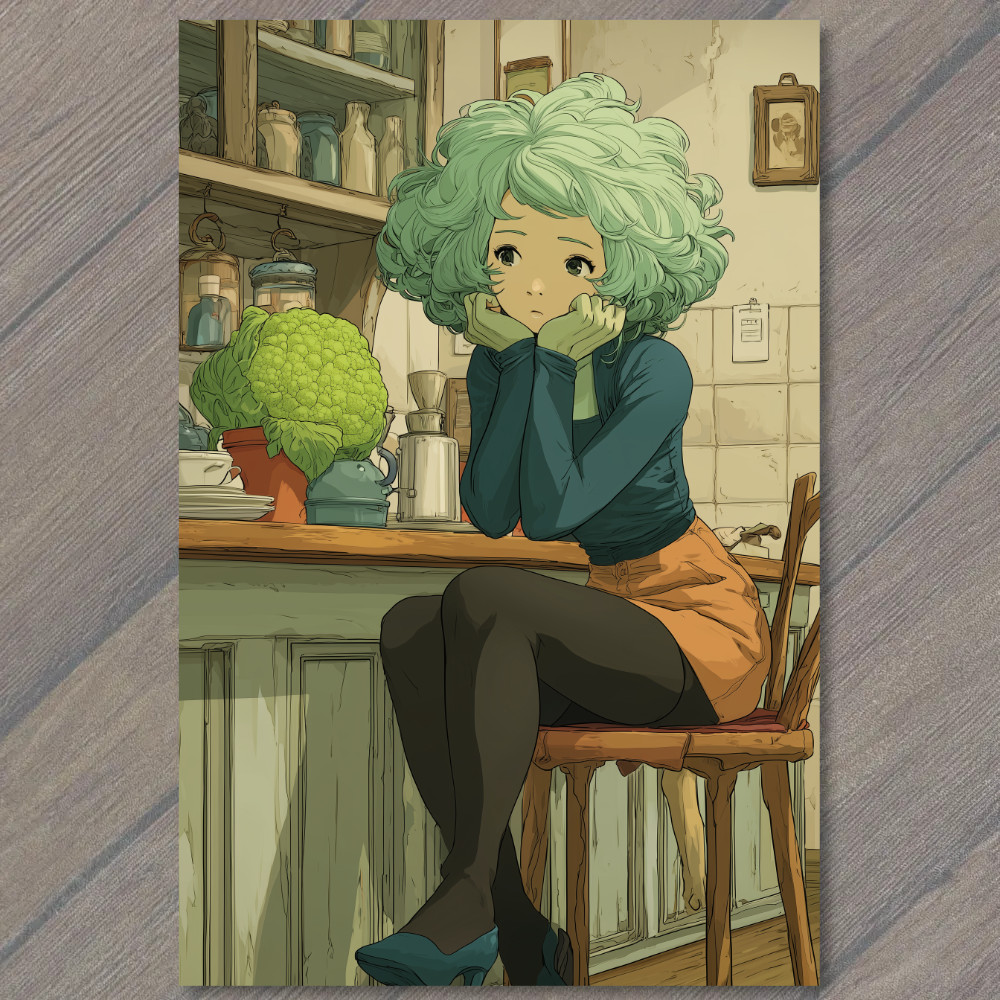Art Print Green Hair Girl Dark Dress Wooden Stool Sunflower Kitchen Waiting