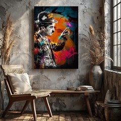 Urban Street Art Canvas Wall Art Young Man With Hat And Butterfly Graffiti Print