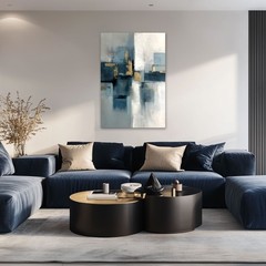 Abstract Blue Grey Gold Oil Painting Print, Framed Canvas Wall Art, Modern Decor