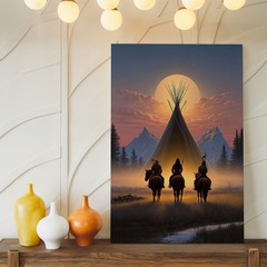 Native American Warrior Horses Canvas Wall Art Sunset Teepee Mountain Print
