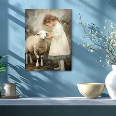 Vintage Little Girl Feeding Sheep Canvas Wall Art, Soft Neutral Farmhouse Decor
