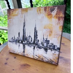 Abstract City Skyline Painting Original Acrylic Canvas Art Black Gold 10×8 Small