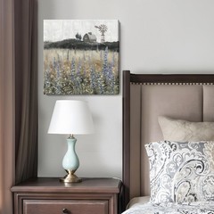 Vintage Farmhouse Canvas Print – Rustic Flower Field Landscape Art 14×14″