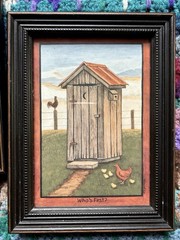 Cottage Core Shabby Novelty Outhouse Framed Hanging Art Bathroom Art Farm Dog