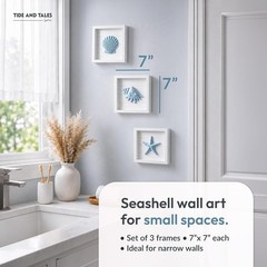 Charming Framed Set of 3 Coastal 3D Wall Art – Blue Seashells & Starfish, 7″x7″