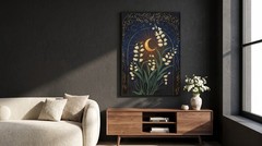 Lily of the Valley Poster Celestial Gold Moon Star Floral Vintage Art Print Dark