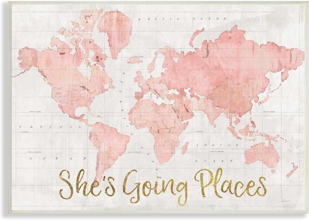 Stupell Industries She’s Going Places Quote Pink Watercolor World Map, wall