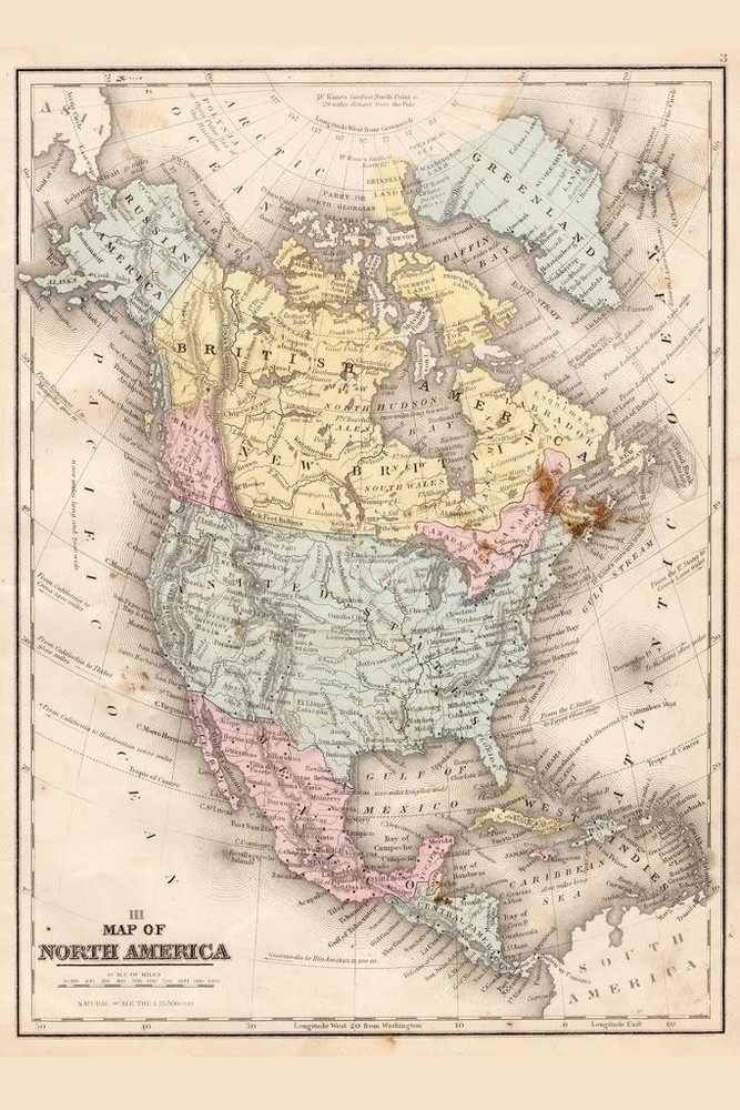 North America 1867 Vintage Antique Style Map Poster 24×36 inch