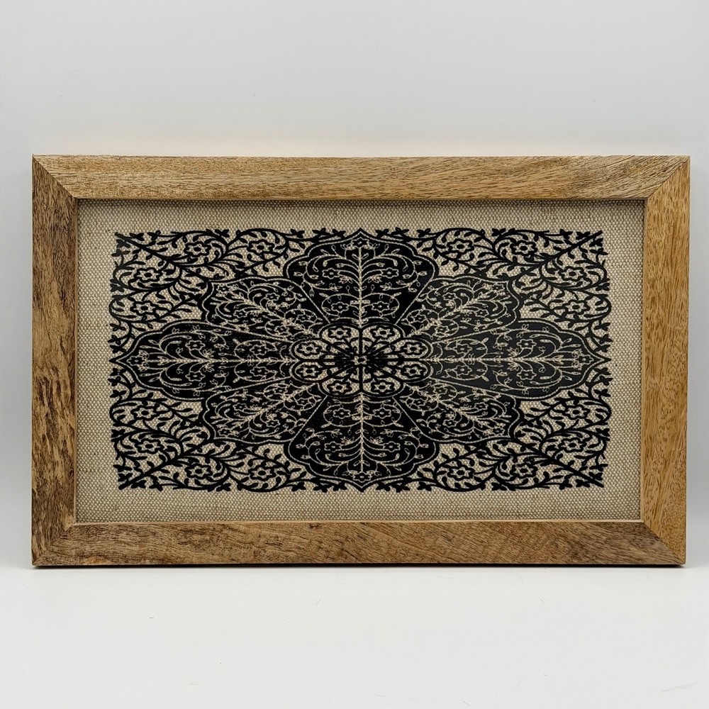 Rustic Framed Black Floral Medallion Textile Wall Art Decor (10″x16″)