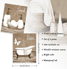 3Pcs Vintage Bathroom Wall Art Decor, Beige White Bathtub Spa Accessories Canvas