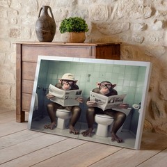 Funny Monkeys Sitting on Toilet Reading Newspaper Bathroom Canvas Wall Art Print