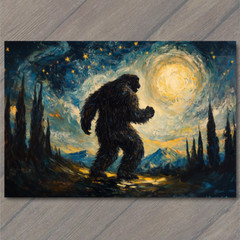 Art Print Bigfoot Under Starry Sky Majestic Night Scene Lake Forest Mountains