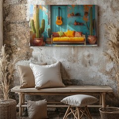 Wall Art Canvas a Vibrant Bohemian Desert Scene Showing a Rustic Turquoise