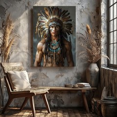 Native American Warrior Feather Headdress Tribal Necklace Canvas Wall Art Print