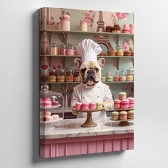 Canvas Wall Art a Whimsical Scene of a Bulldog Dressed As a French Pastry Chef