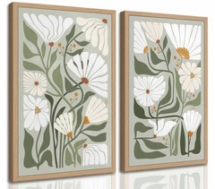 2 Pcs Boho Wildflowers Canvas Wall Art Green Bohemia Abstract 12x16in, Poster