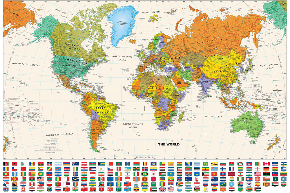 24×36 Inch World Map With Flags Print Poster Countries Cities Wall Chart Mural