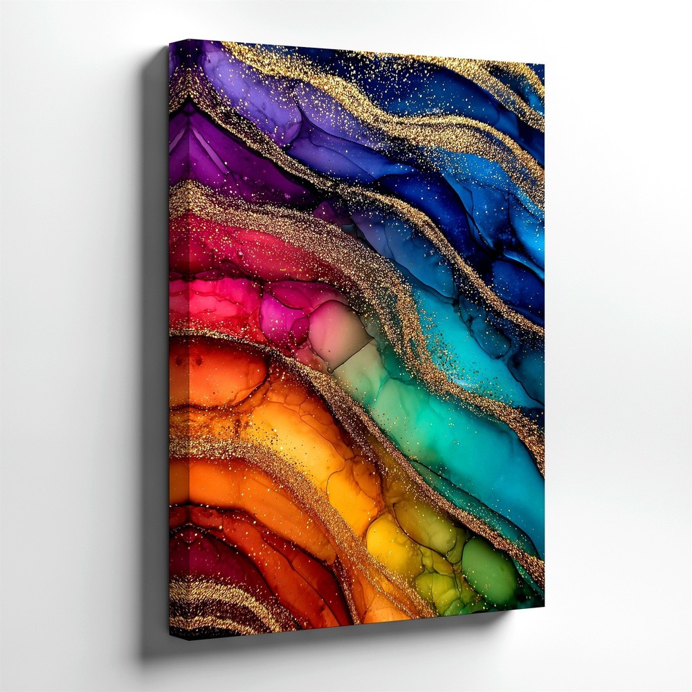 Wall Art Abstract Alcohol Ink Painting Colorful Gold Glitter Waves Canvas Print