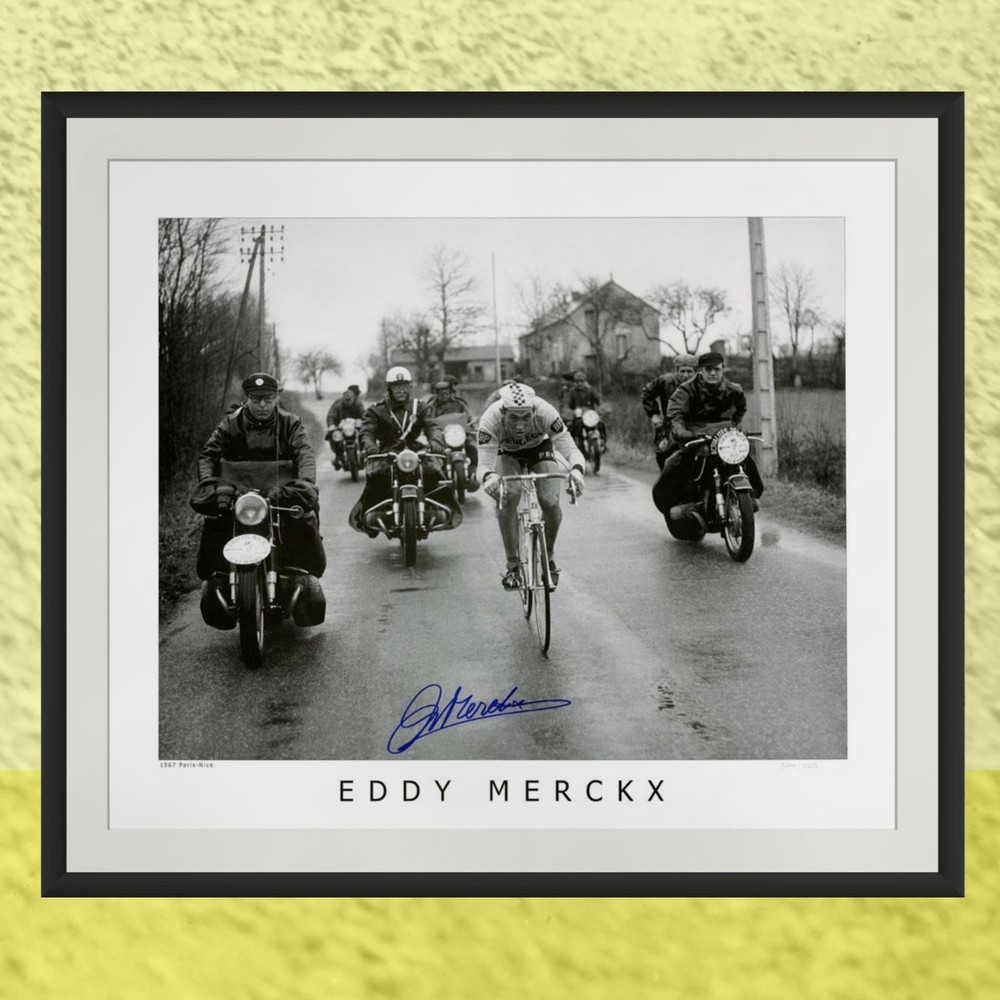 Eddy Merckx Signed Print, Paris-Nice 1967, 24 x 20 Inch Cycling Photograph