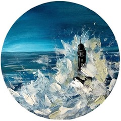 Original Storm Lighthouse Acrylic Painting Canvas 10×10 Signed Blue Wall Art