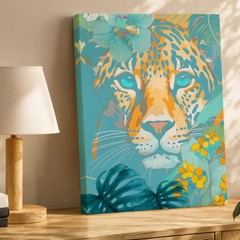 Tropical Jungle Leopard Canvas Wall Art Blue Orange Floral Exotic Animal Print