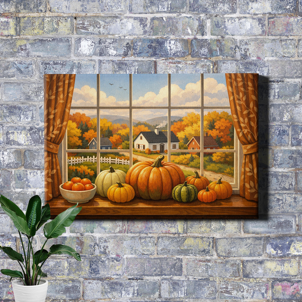 Autumn window view with pumpkins Canvas Art cozy rural windowsill scene