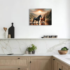 Wild Horses River Sunset Canvas Wall Art Print Western Nature Landscape Decor