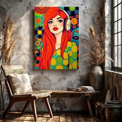 Wall Art Retro Pop Redhead Woman Art Headphones Vinyl Records Colorful Decor