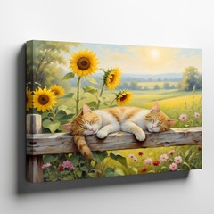 Sleeping Cats Canvas Wall Art with Sunflowers and Meadow Landscape Print Decor
