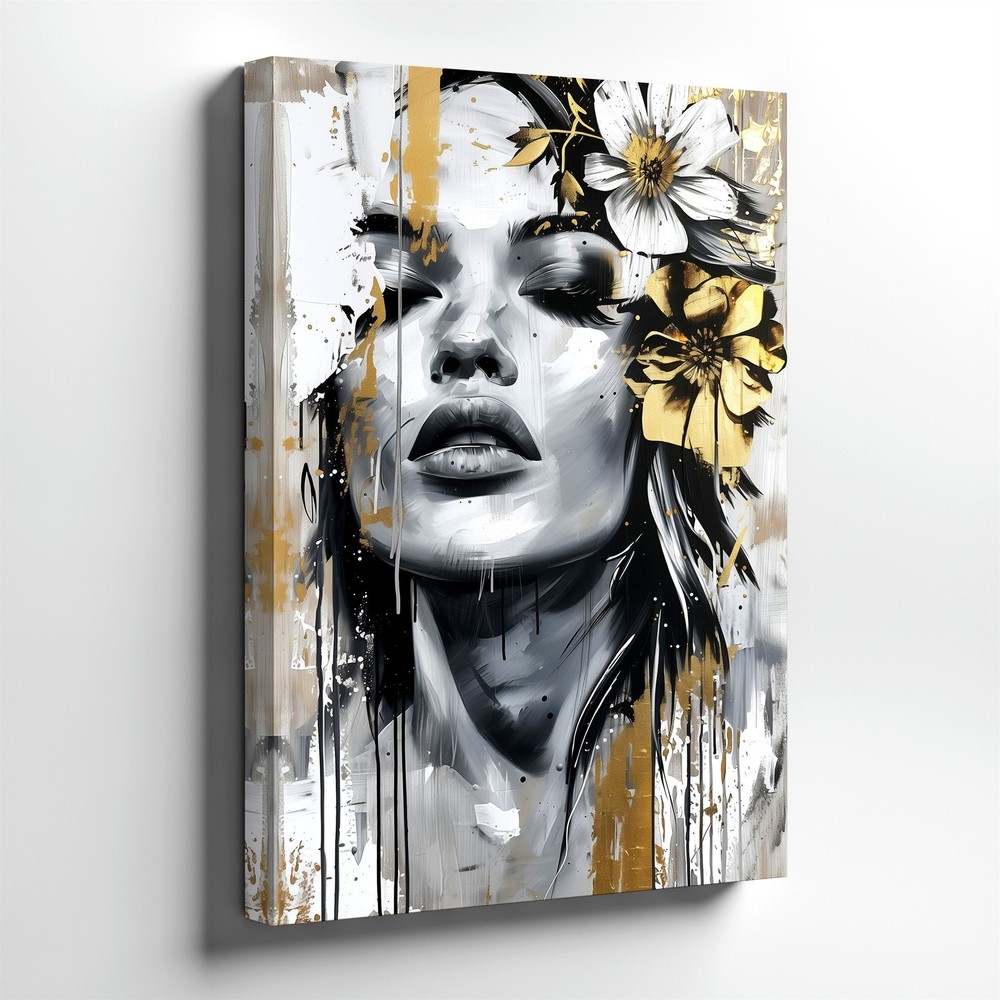 Wall Art Abstract Woman Face Floral Canvas Print Black White Gold Modern Decor