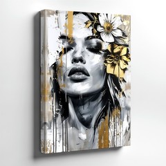 Wall Art Abstract Woman Face Floral Canvas Print Black White Gold Modern Decor