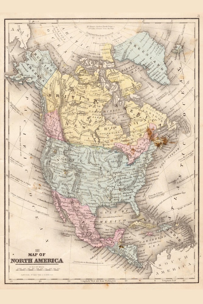 North America 1867 Vintage Antique Style Map Poster 12×18