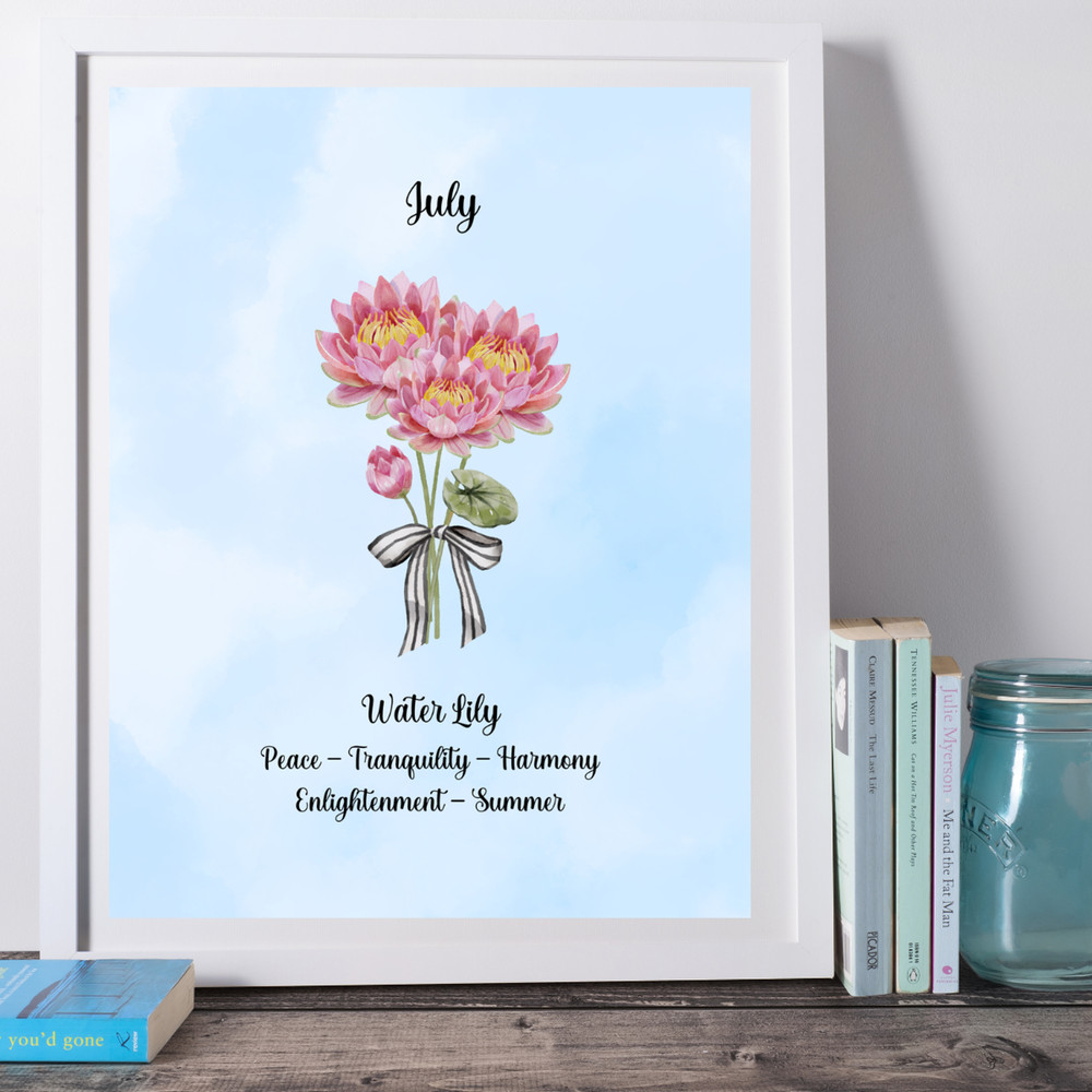 July Birth Flower Water Lily Blue Watercolor Wall Art Print Gift 8×10 UNFRAMED